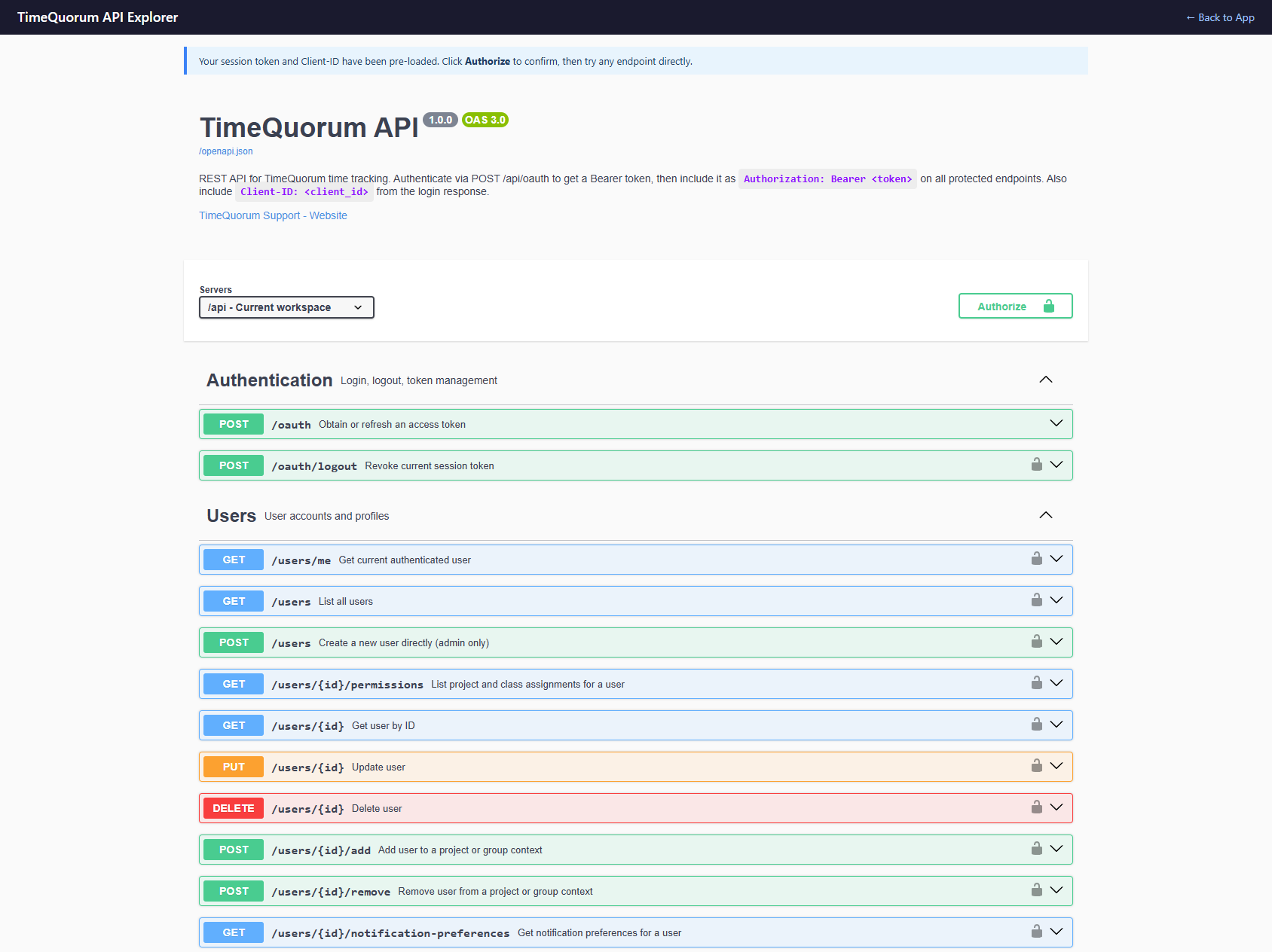 TimeQuorum API Explorer — interactive OpenAPI documentation with live request testing