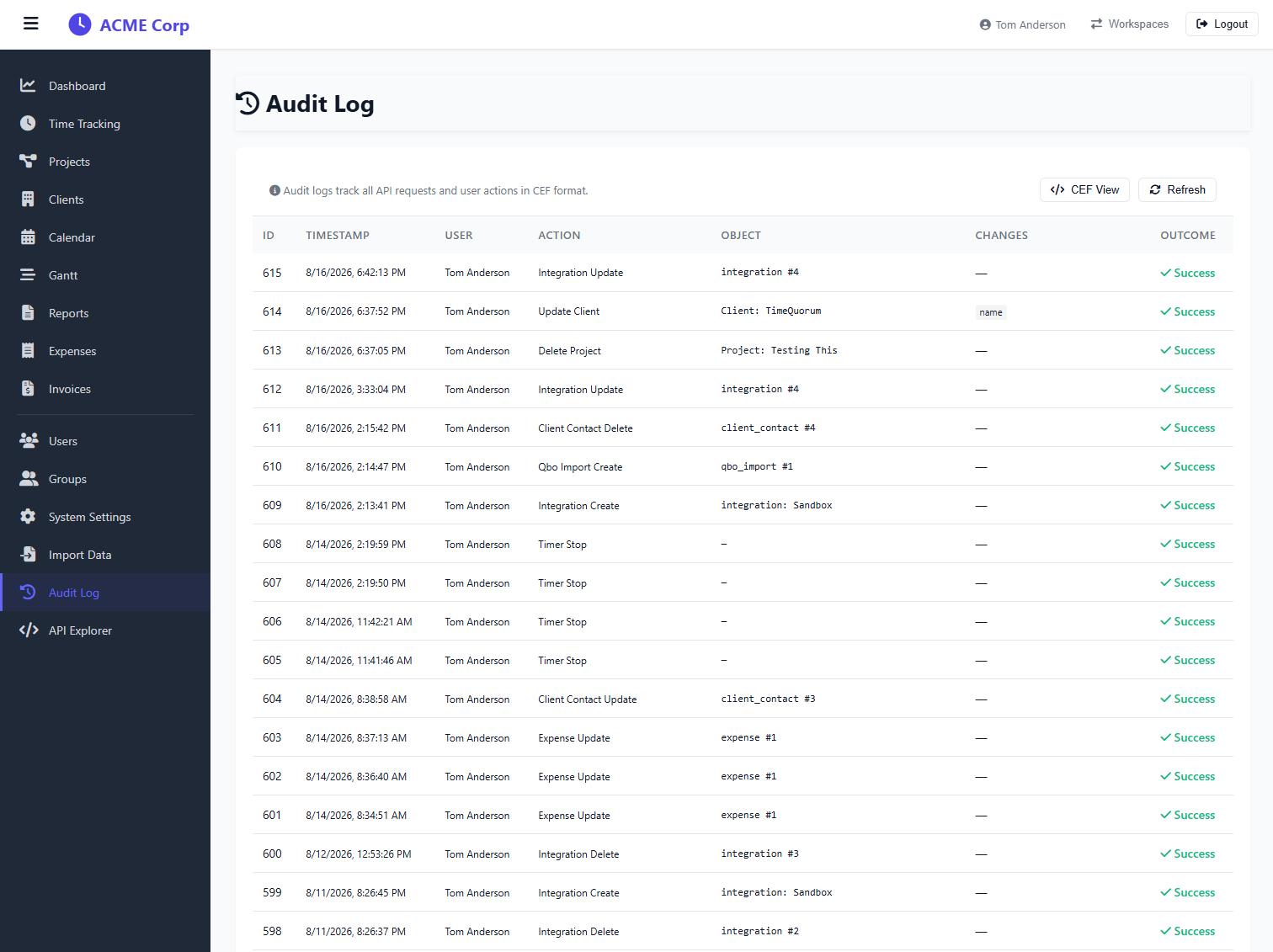 TimeQuorum audit log — every create, update, and delete with user, timestamp, object, and outcome