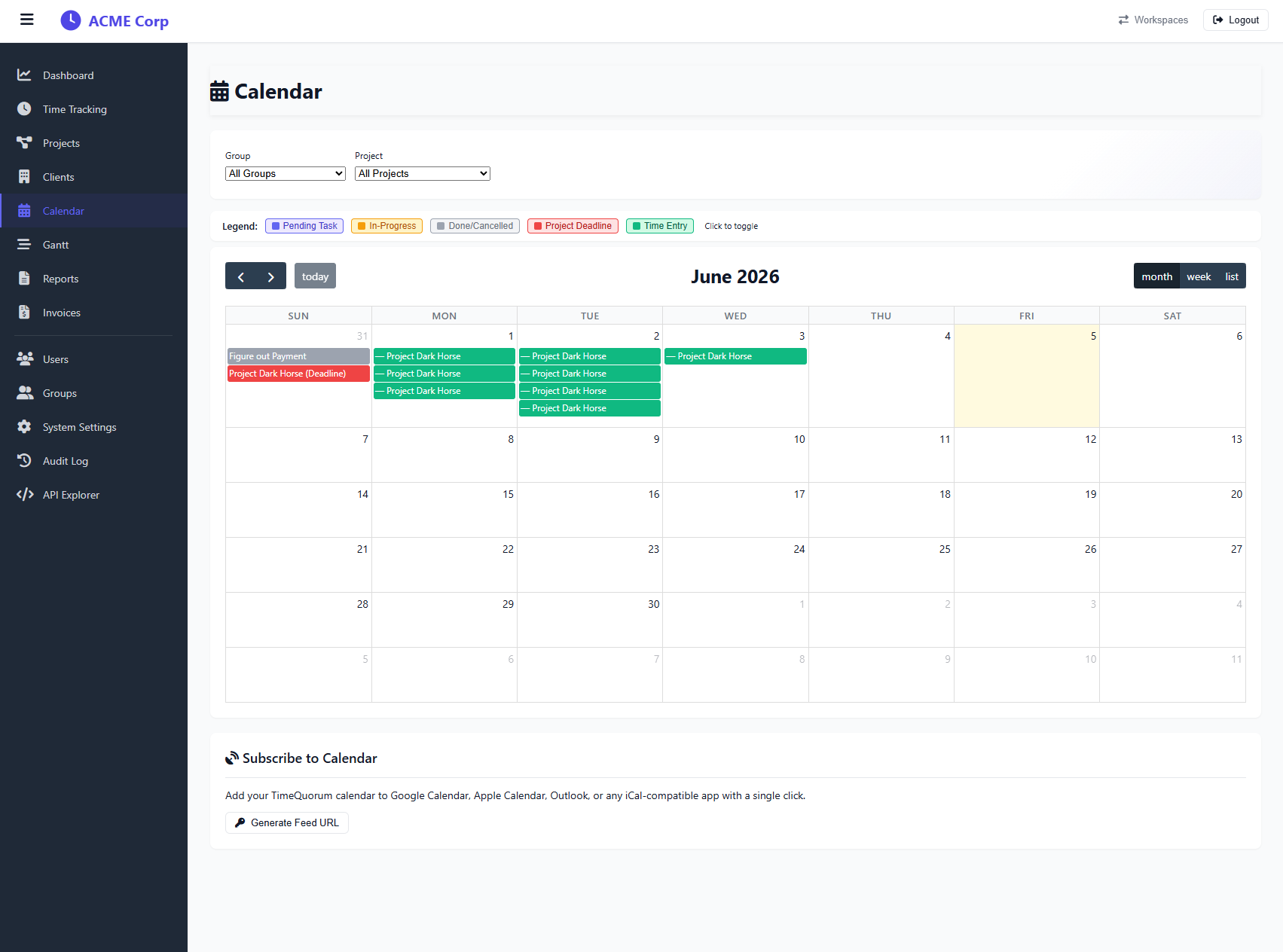 TimeQuorum calendar — visualize time entries across the month