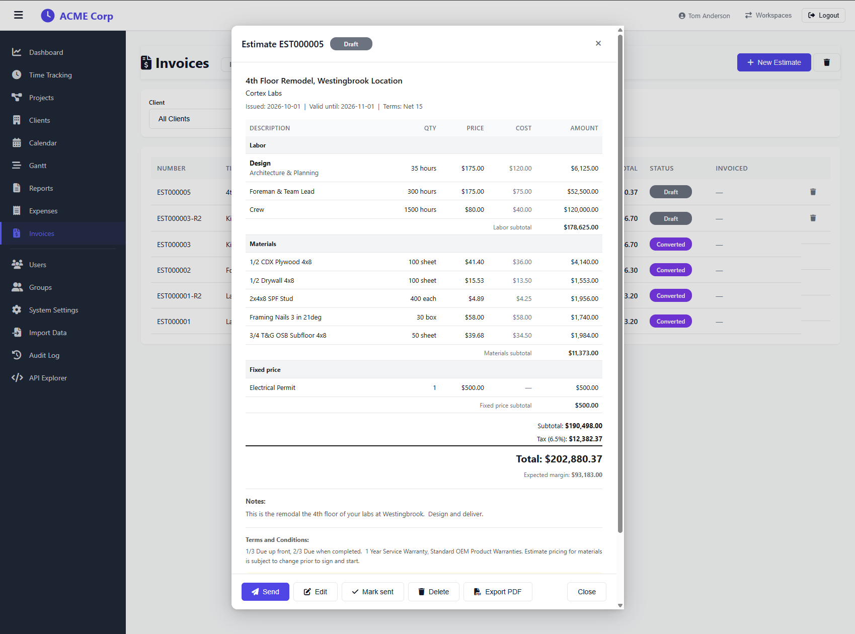 TimeQuorum estimates - labor, materials and fixed-price lines with the expected margin shown to your team only