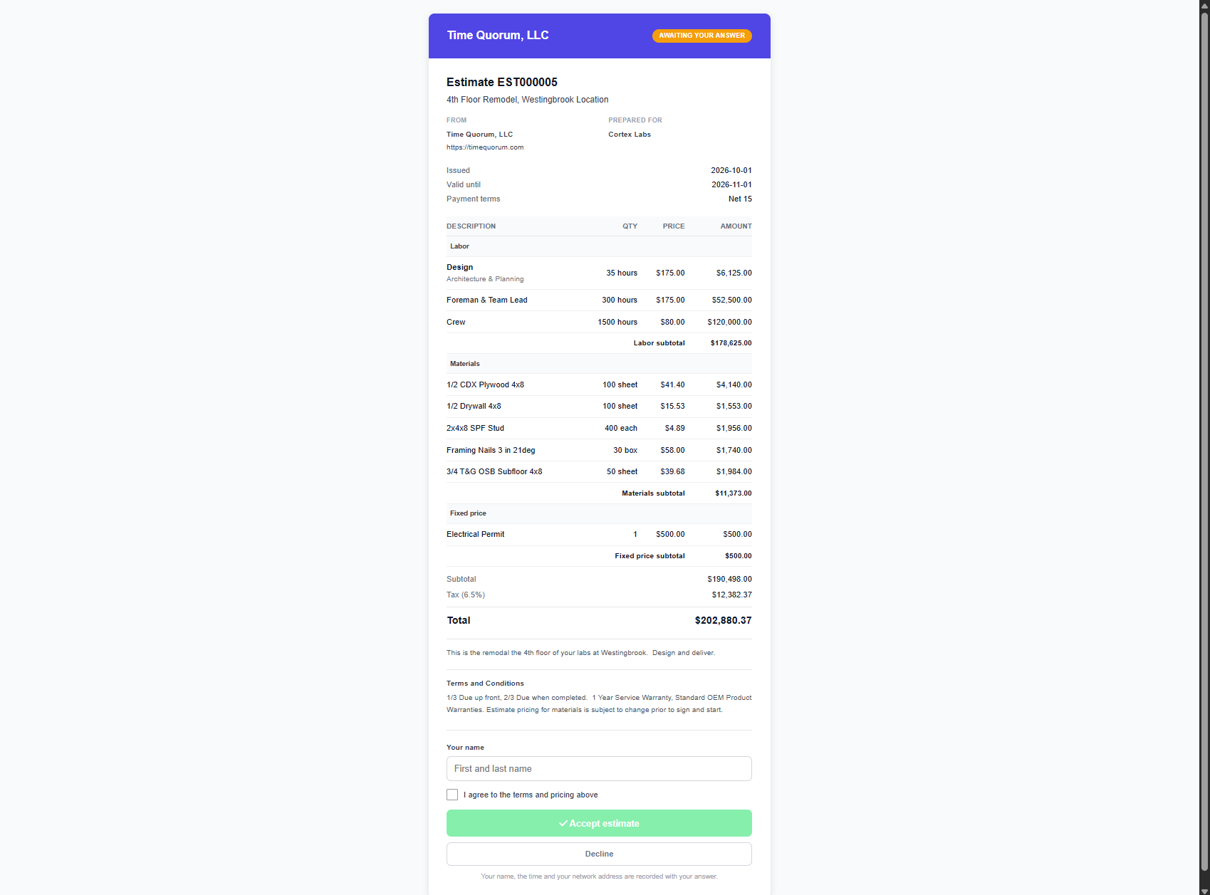 TimeQuorum client approval - the client reviews the quote on a private link and accepts from any device, no account needed