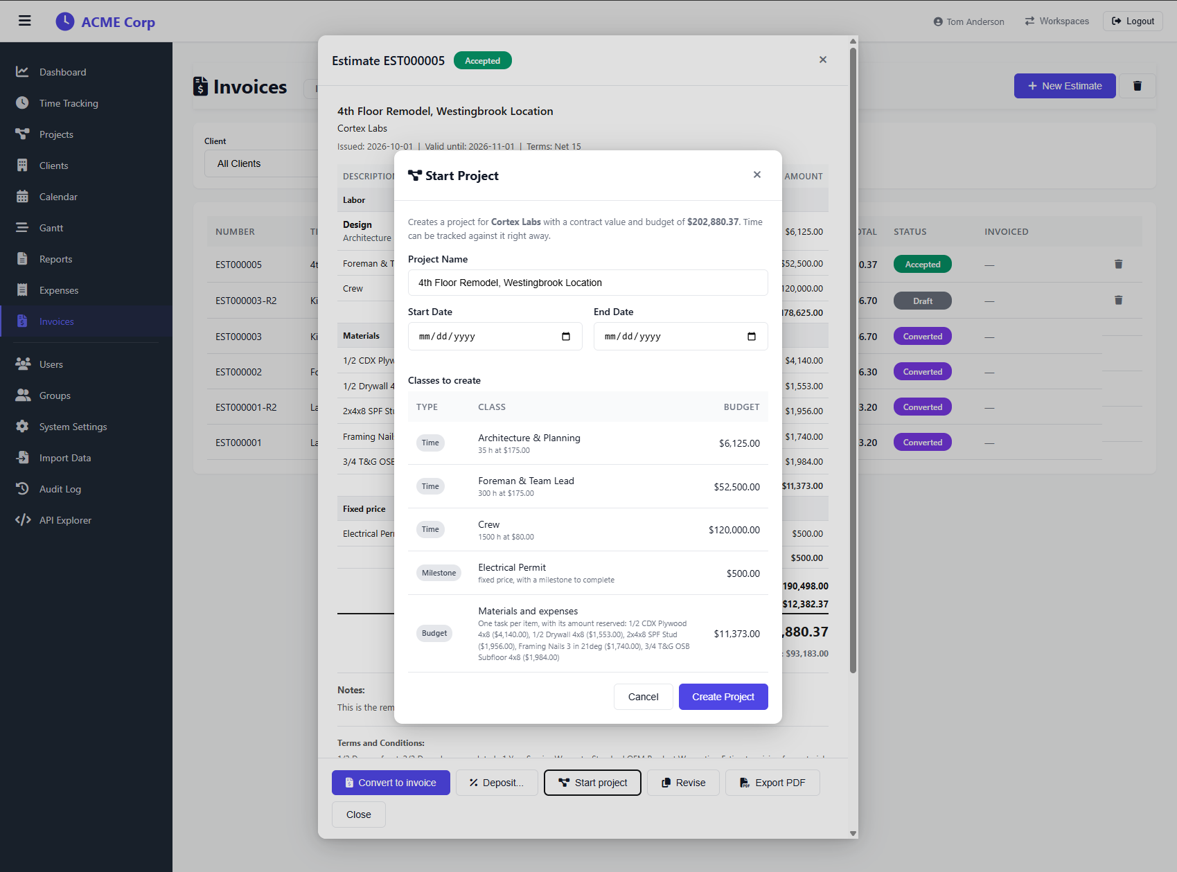 TimeQuorum quote to project - an accepted estimate becomes a project with classes, budgets and milestones already set