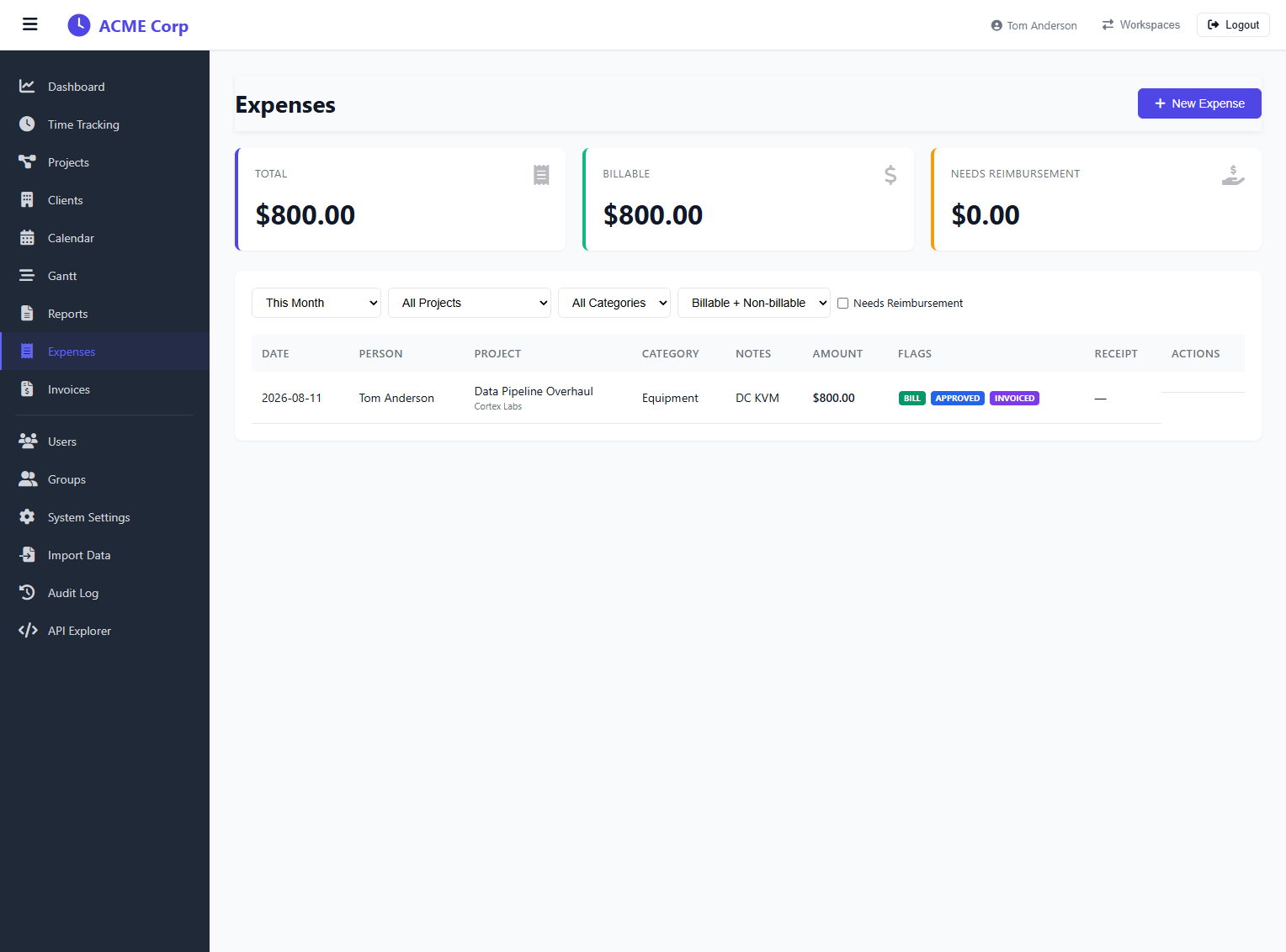 TimeQuorum expenses — track billable expenses with categories, receipts, approvals, and reimbursement flags