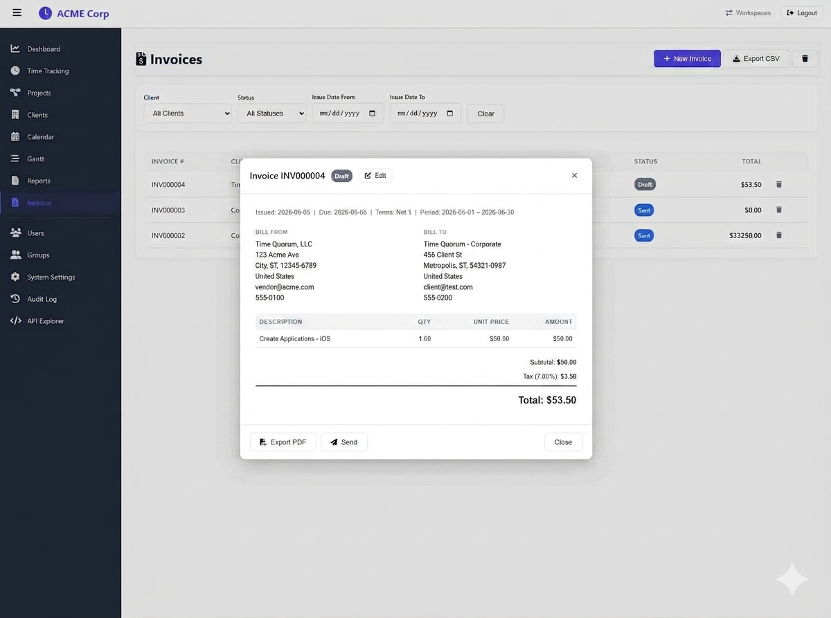 TimeQuorum invoicing — invoice detail with billing profiles, line items, and PDF export
