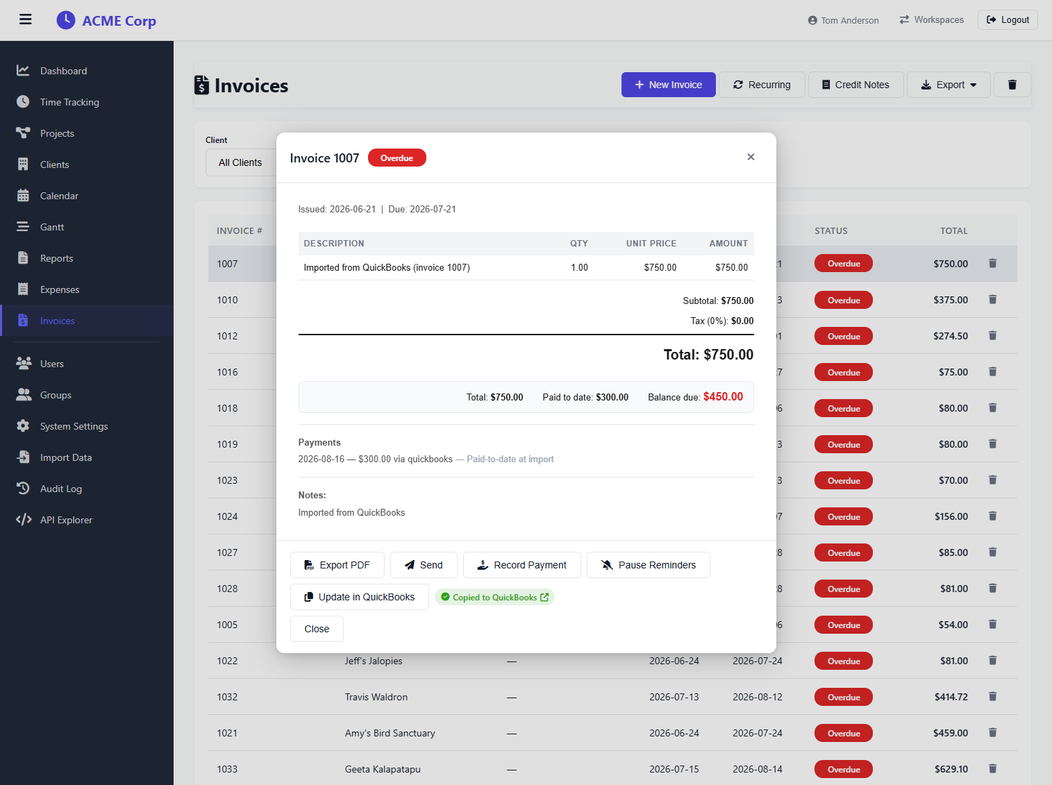 TimeQuorum invoice synced with QuickBooks Online — copied to QuickBooks with one-click update