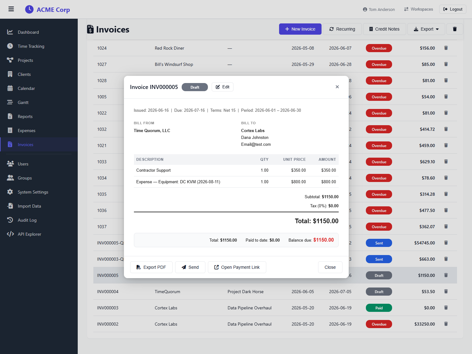 TimeQuorum invoicing — invoice detail with billing profiles, expense line items, and an online payment link