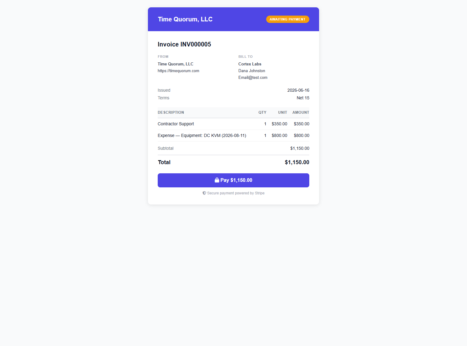 TimeQuorum invoice payment page powered by Stripe — client pays by card from the invoice email