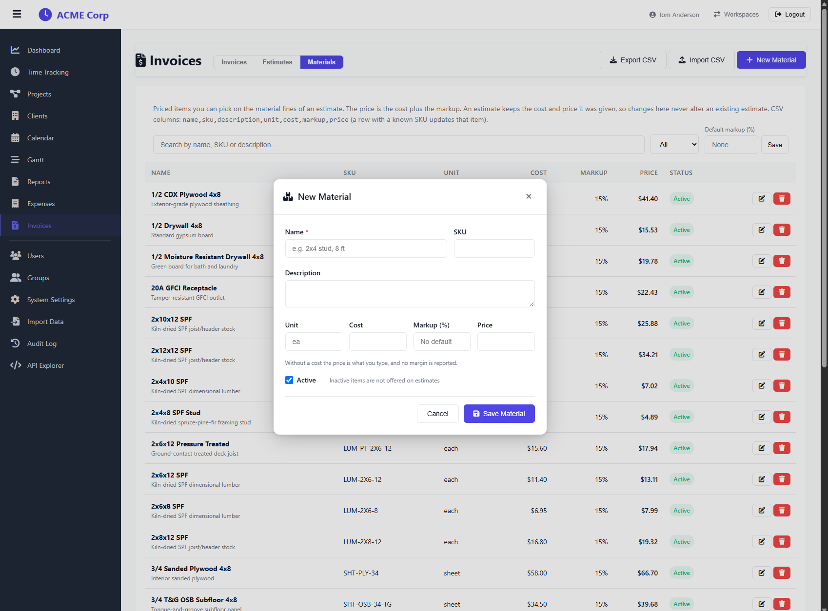 TimeQuorum materials catalog - cost plus markup pricing, CSV import, and items you pick straight onto an estimate