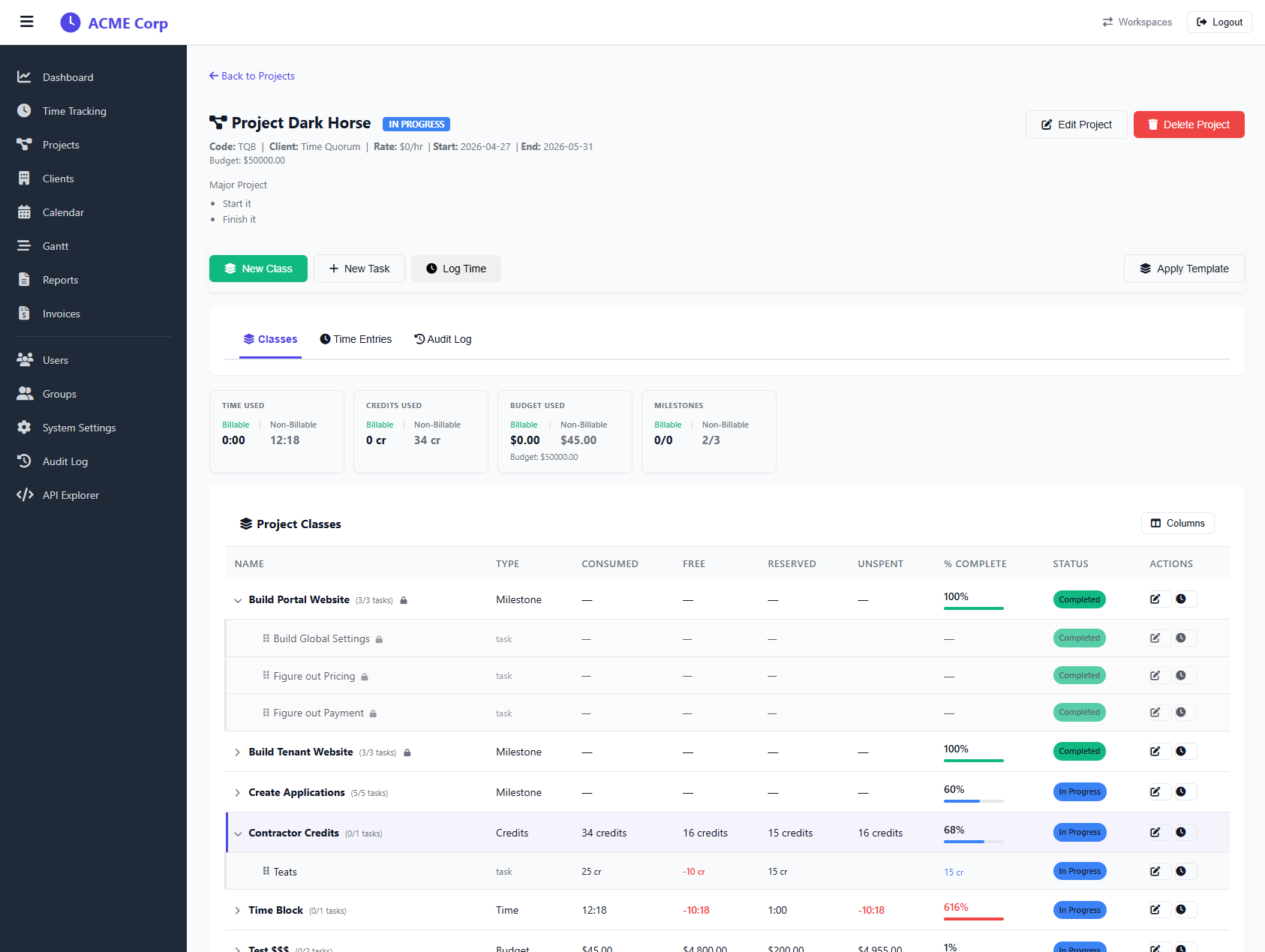 TimeQuorum project detail — hierarchy of classes, tasks, and tracked time