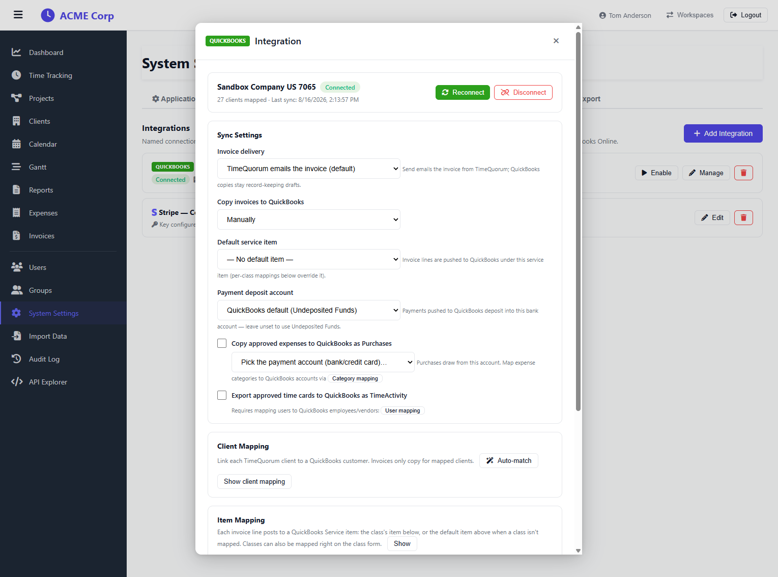 TimeQuorum QuickBooks Online integration settings — invoice delivery, deposit accounts, and client, item, and project mapping