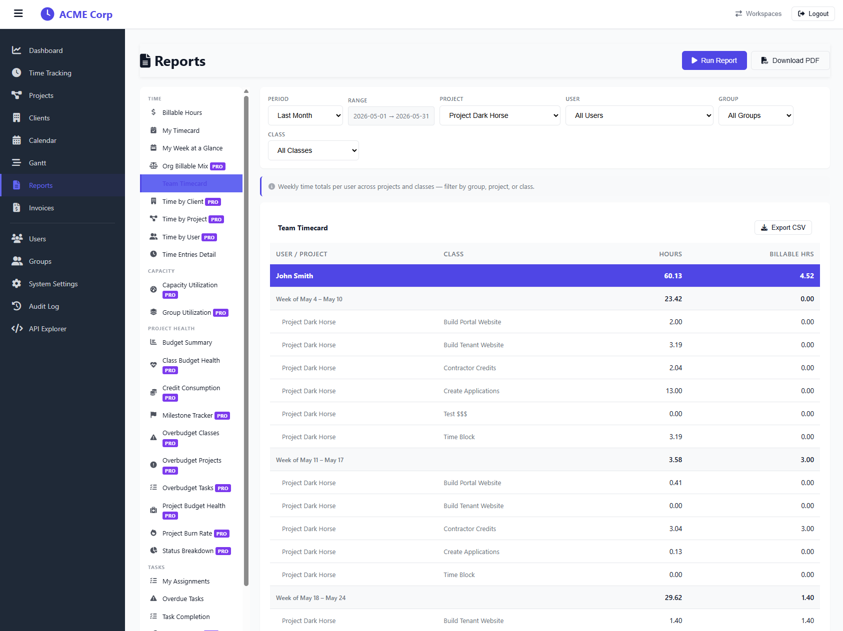 TimeQuorum reports — billable hours, team utilization, and client revenue
