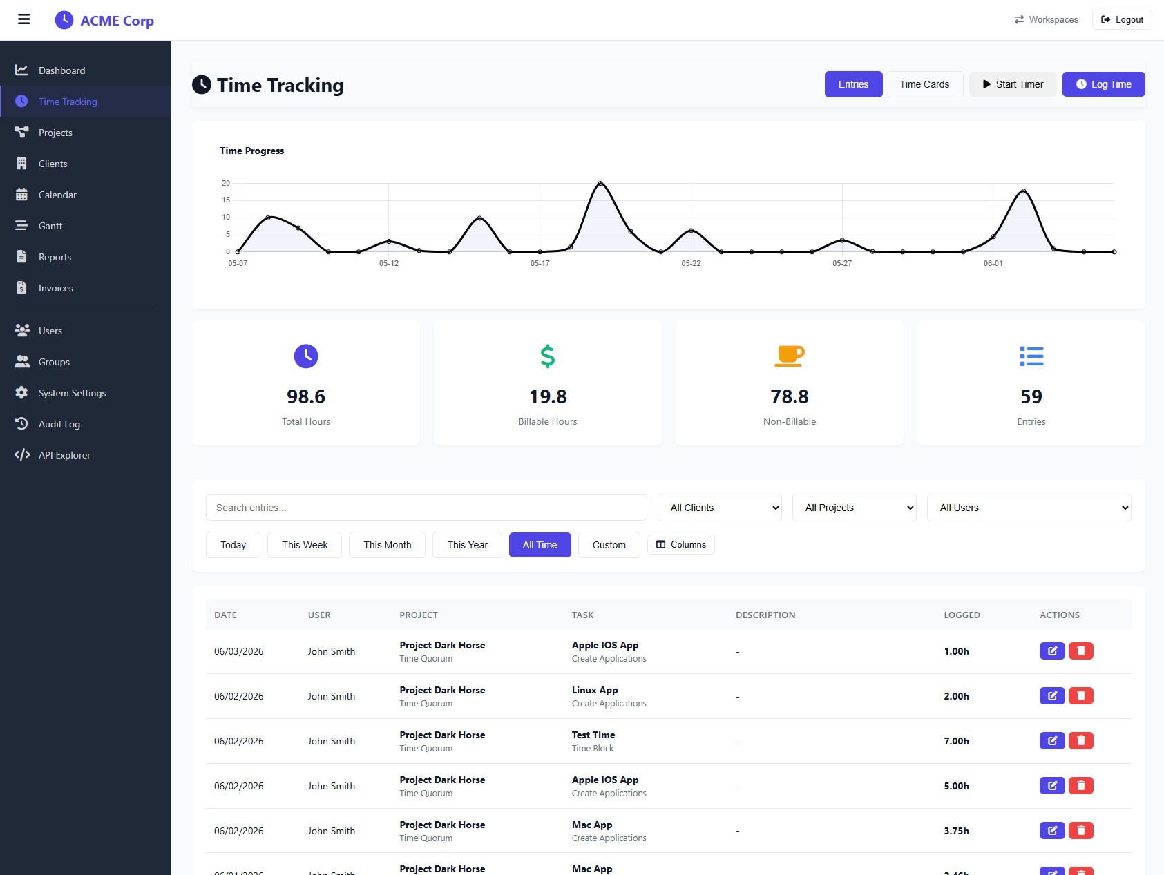TimeQuorum time tracking — log entries with project, task, and billable filters