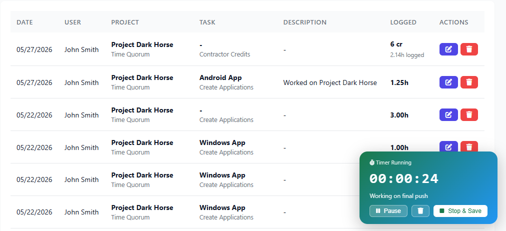 TimeQuorum time tracking — timer view